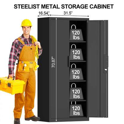 dimensional diagram of 70.9"H x 31.5"W x 16.5"D metal tool storage locker showing 120 lbs eachshelf weight capacity