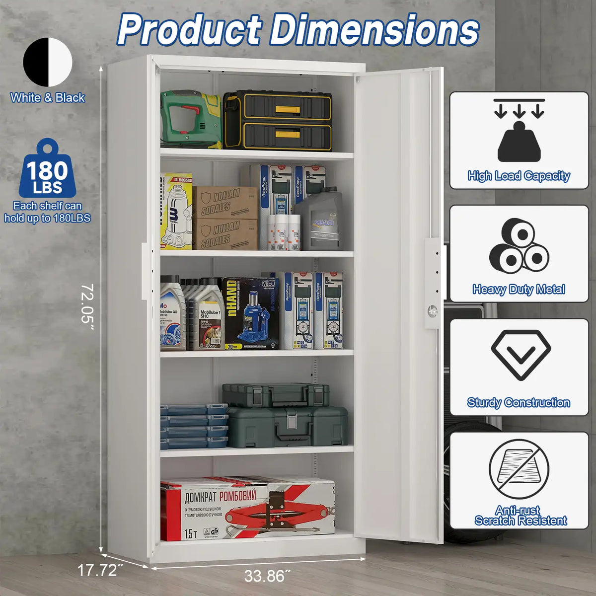 dimensional diagram of 72"H x 33.9"W x 17.7"D metal garage cabinet showing 180 lbs per shelf weight capacity #white #standard
