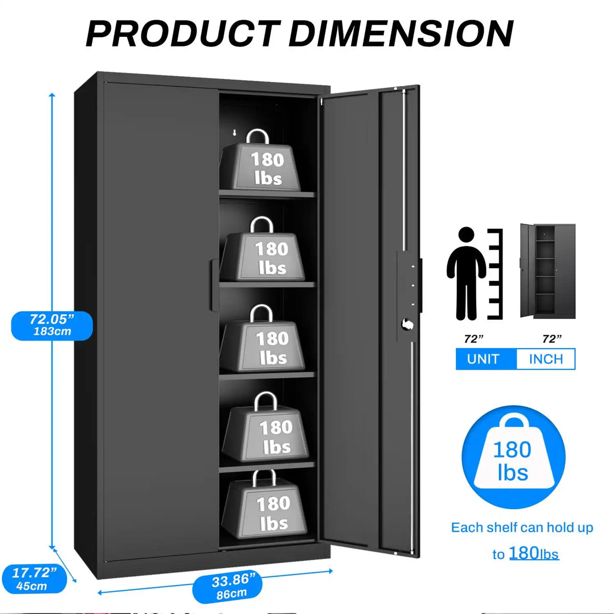 dimensional diagram of 72"H x 33.9"W x 17.7"D standard size freestanding garage storage utility cabinet