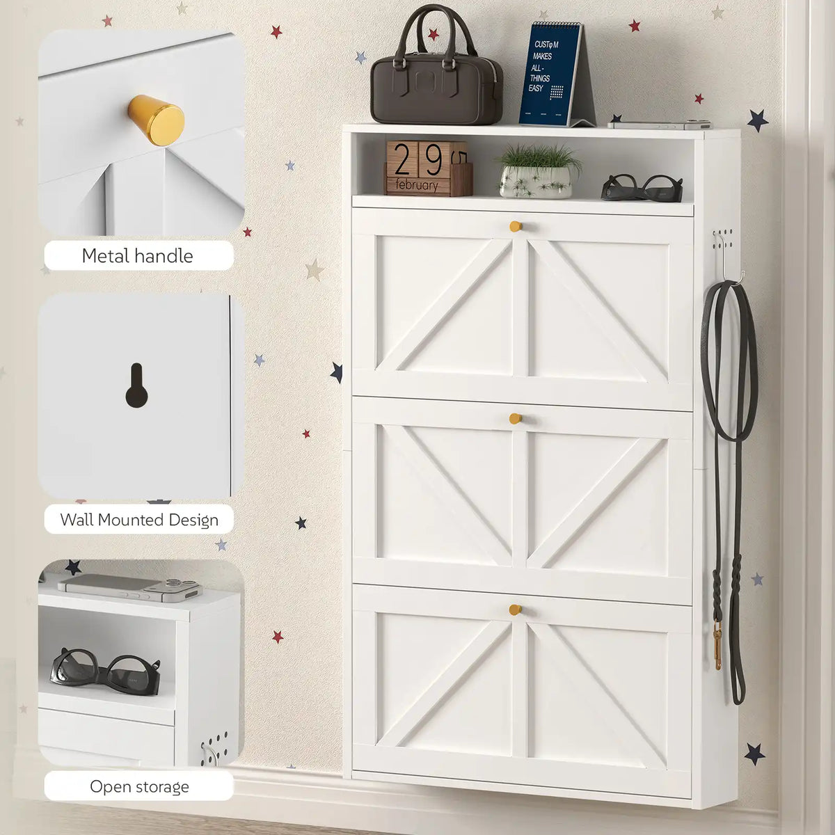 feature breakdown showing metal handle wall-mounted safety anchor and open top storage shelf on the white shoe cabinet #white #standard