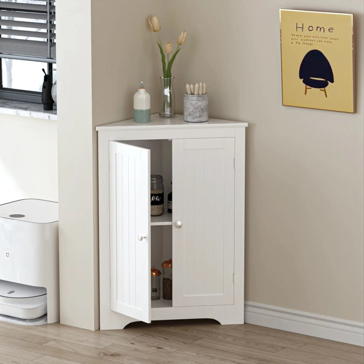 floor corner cabinet placed in a living room corner with its left door open decorated with tulip vase 