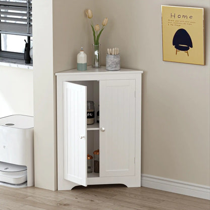 floor corner cabinet placed in a living room corner with its left door open decorated with tulip vase 
