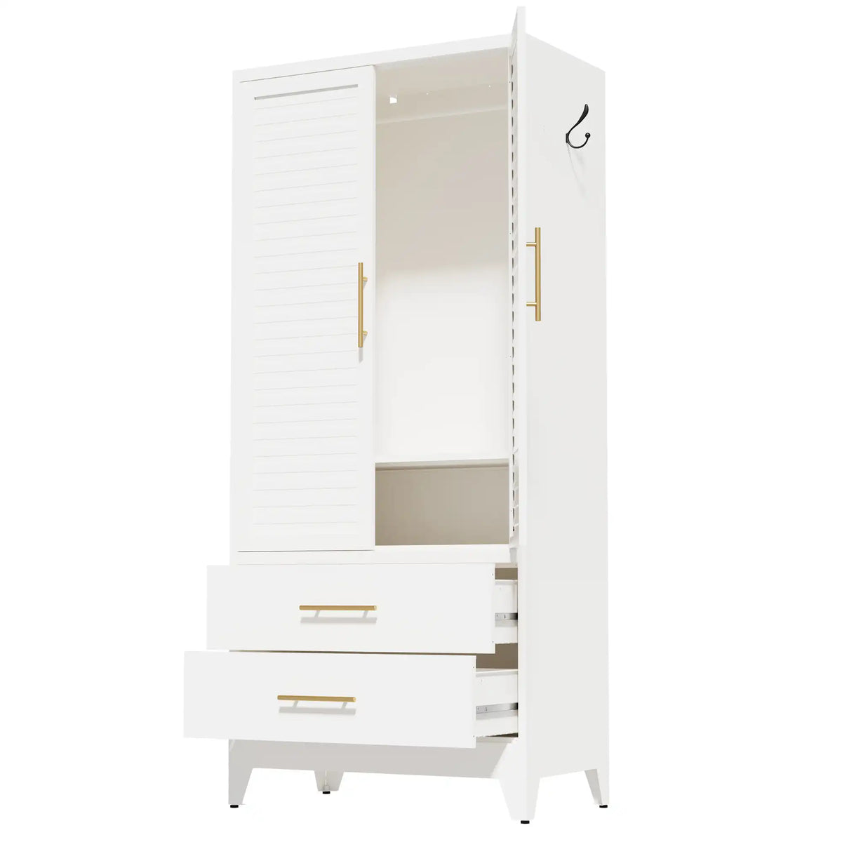 Modern freestanding white wardrobe cabinet made of durable steel with louvered doors and drawer storage.
