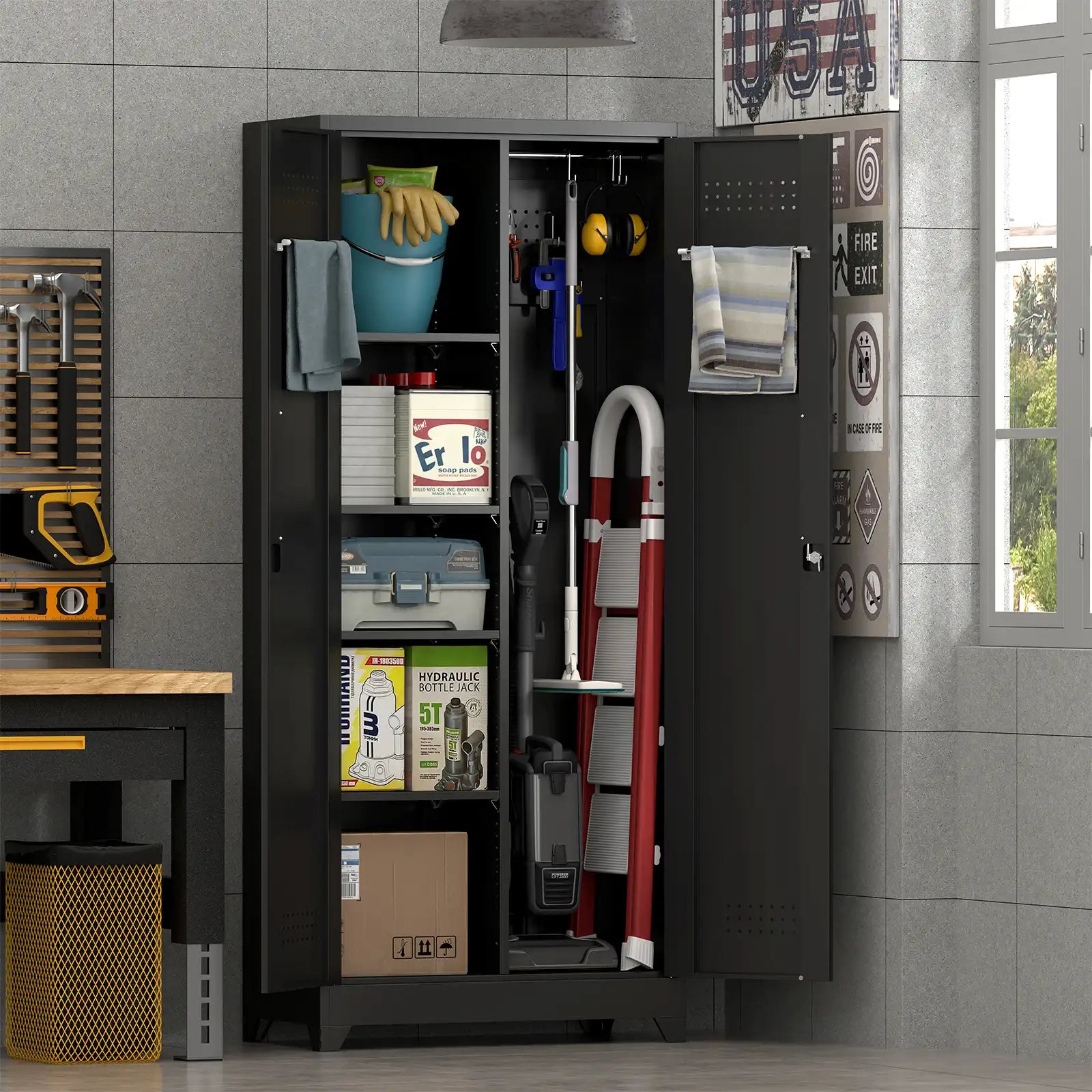 freestanding black steel cleaning supply cabinet positioned vertically to optimize storage in narrow garages