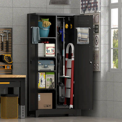 freestanding black steel cleaning supply cabinet positioned vertically to optimize storage in narrow garages