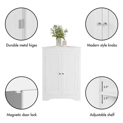 freestanding narrow cabinet organizer highlighting details including durable metal hinges modern knobs magnetic door lock and adjustable shelf