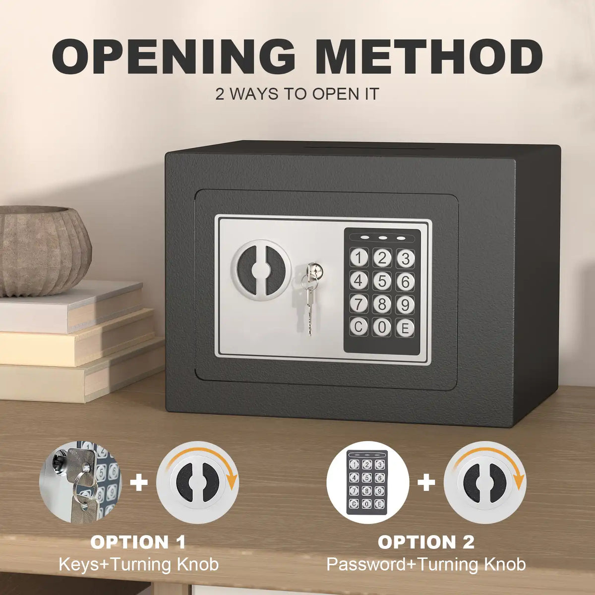 front view of the mini black key safe box with electronic keypad lock and emergency keyhole