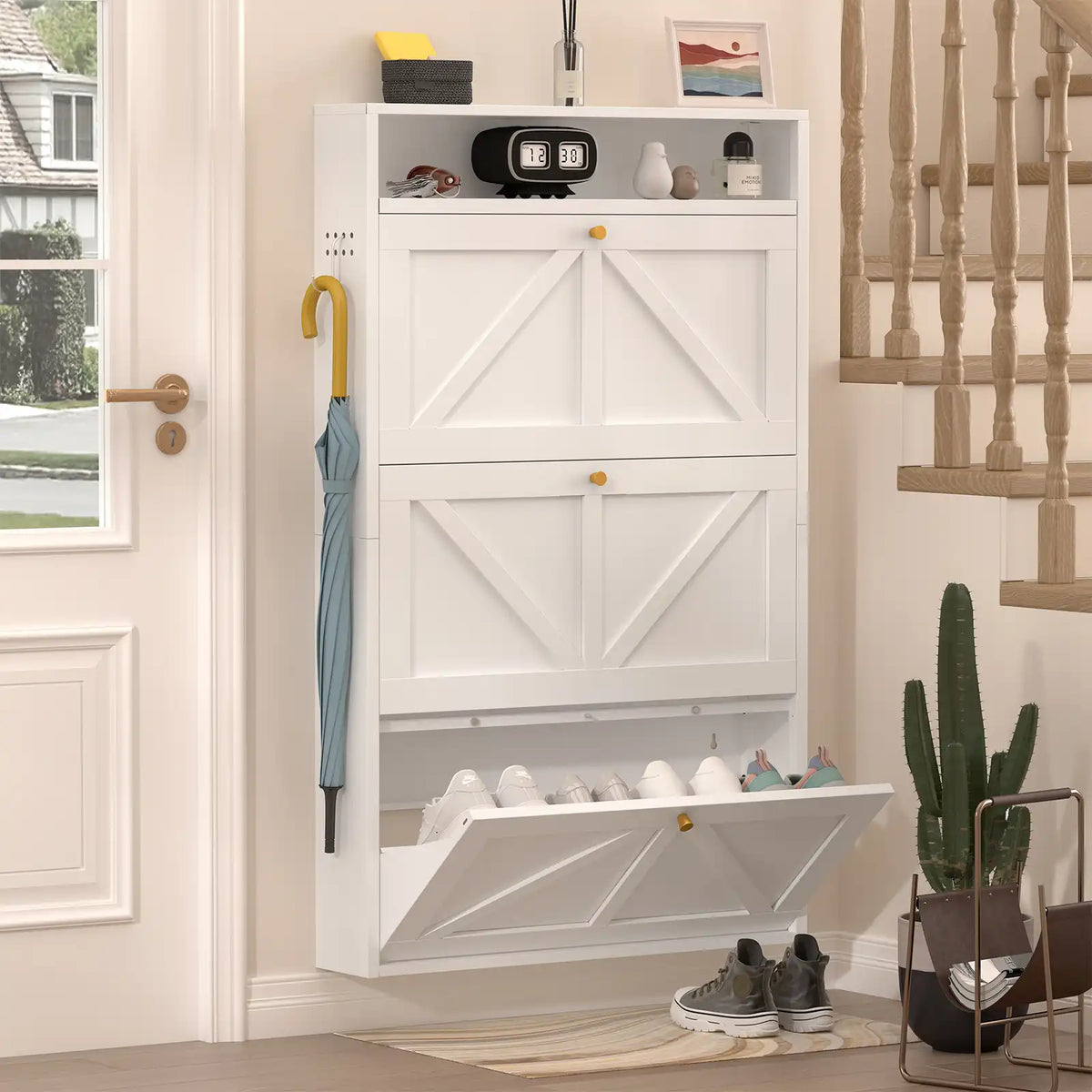front view of the standard-size white flip drawer shoe storage cabinet holding multiple pairs of shoes #white #standard