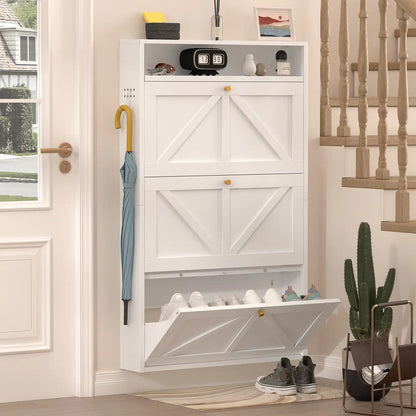 front view of the standard-size white flip drawer shoe storage cabinet holding multiple pairs of shoes