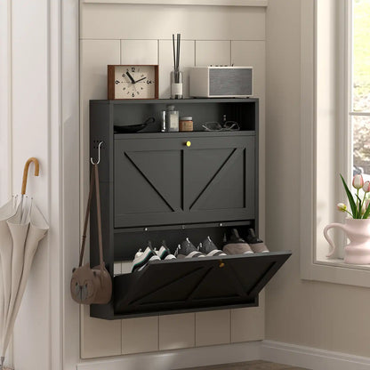 full view of the space-saving black shoe organizer standing against a clean light-colored hallway wall