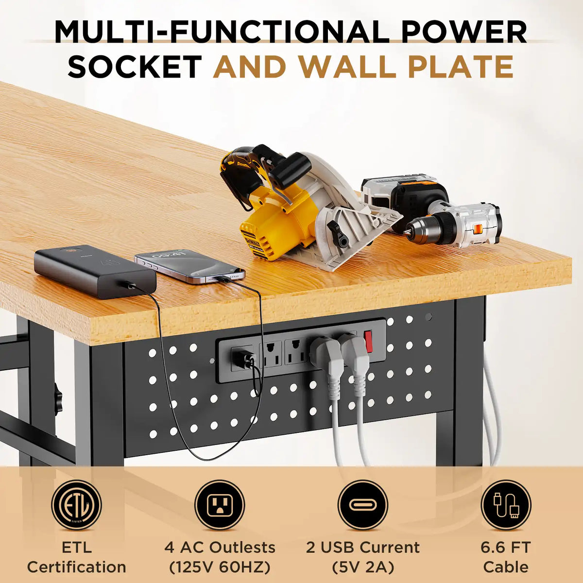 Integrated power strip on heavy duty workbench featuring 4 AC outlets, 2 USB ports, and pegboard.