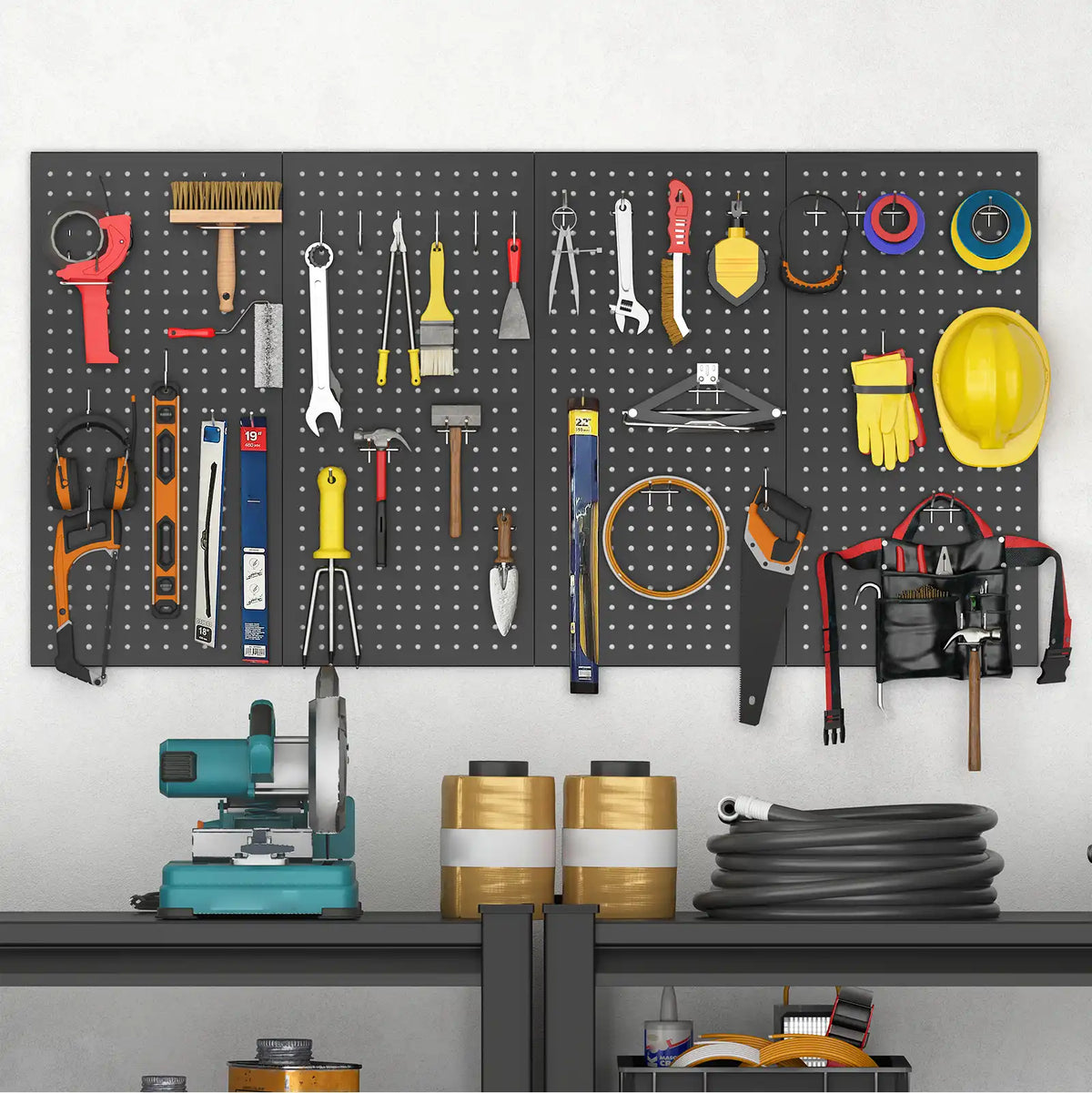 Garage workshop wall storage organization setup with various hand tools displayed on metal pegboards.
