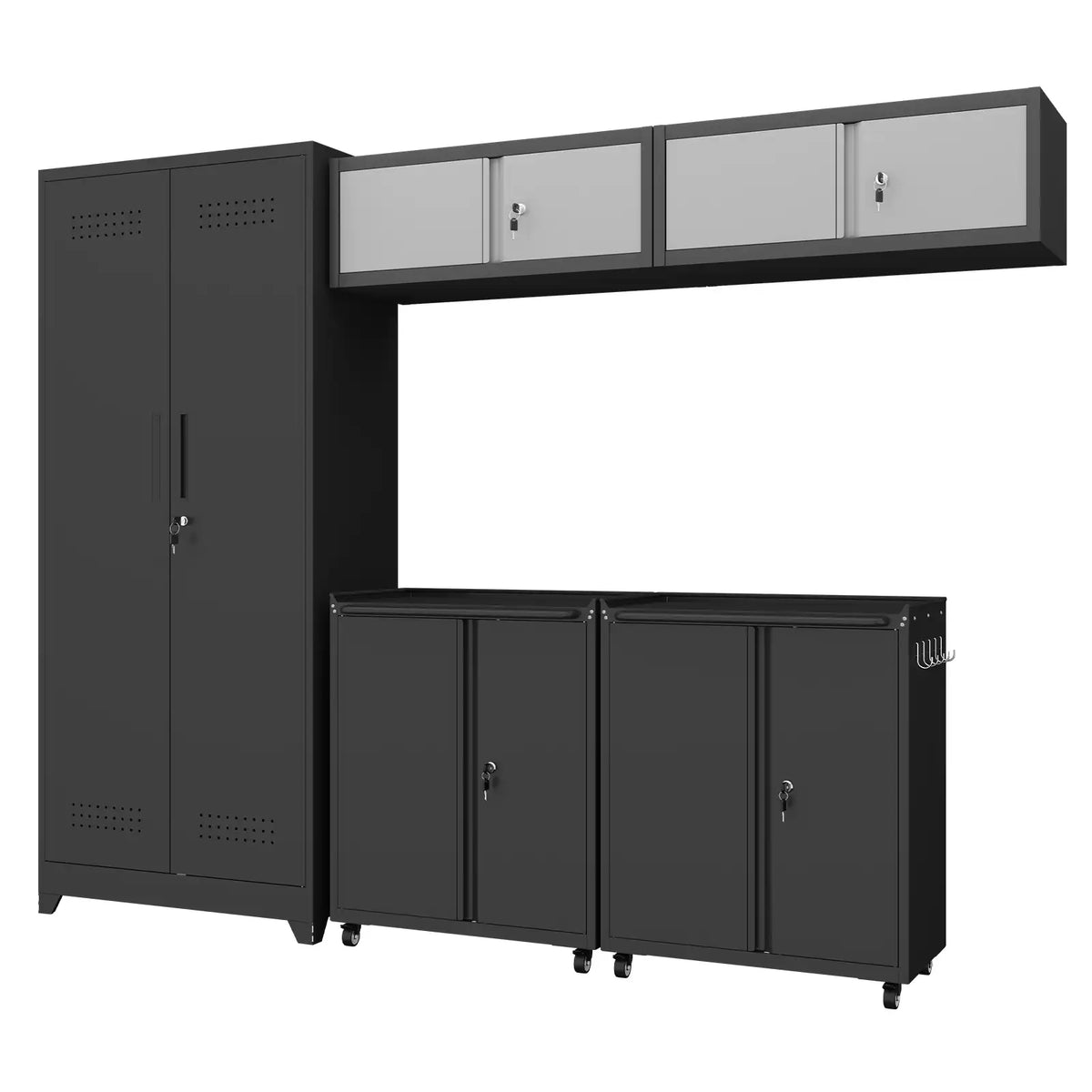 Greatmeet Metal Garage Storage Cabinet System, 5-Piece Lockable modular garage cabinets with Tall Storage Locker, Wall-Mounted Cabinets & Rolling Carts for Workshop