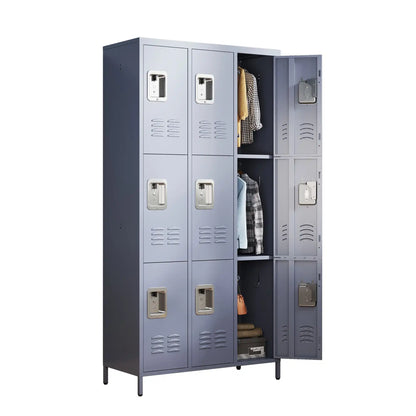 Open steel storage locker unit displaying spacious individual internal cubbies and secure locking hardware.