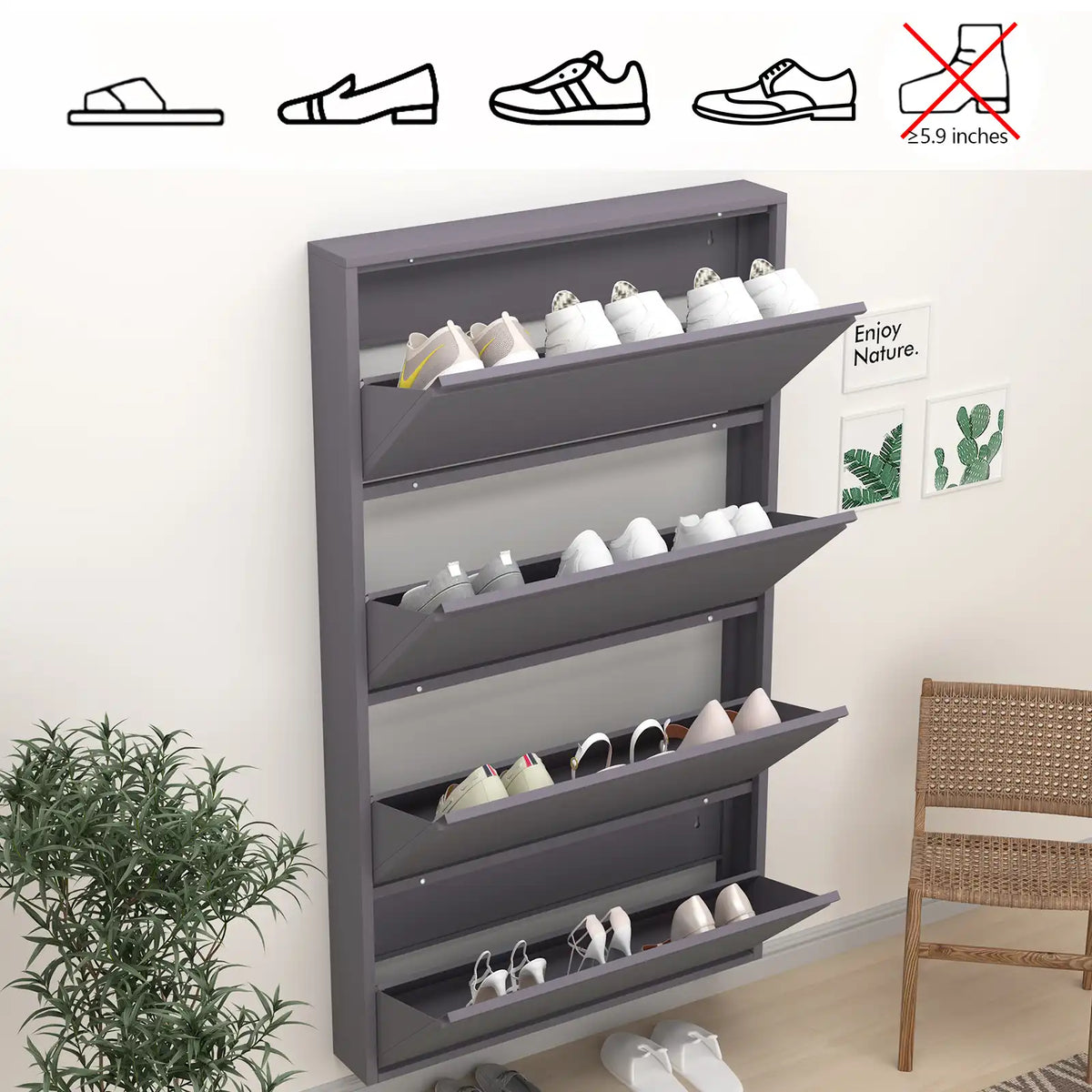 Open grey shoe entryway console showing varied storage compartments for athletic sneakers, high heels, and boots. flip drawers