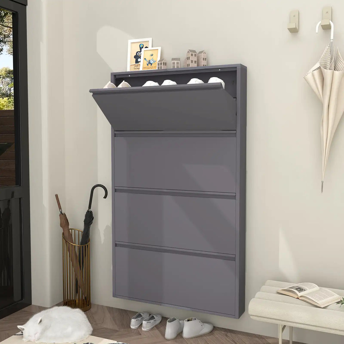 Grey 4 Tier Shoe Storage Cabinet standing by an umbrella bucket and scenic outdoor view. #grey #4 flip drawers