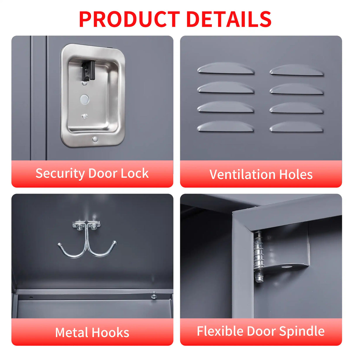 Close-up details of the key door lock, ventilation louver slots, interior metal hook, and sturdy door spindle. #grey