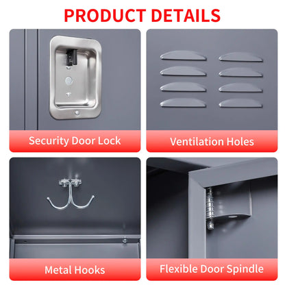 Close-up details of the key door lock, ventilation louver slots, interior metal hook, and sturdy door spindle.