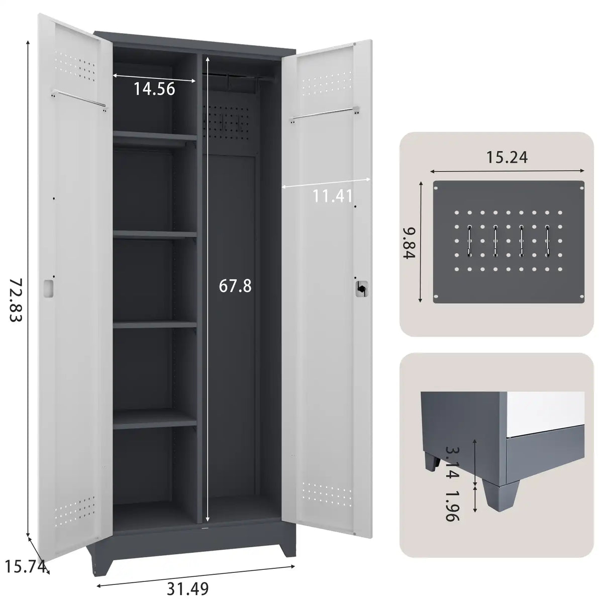 Dimensional blueprint of a grey and white custodial locker showing overall height, depth, width, pegboard dimensions, and raised bottom base clearance.