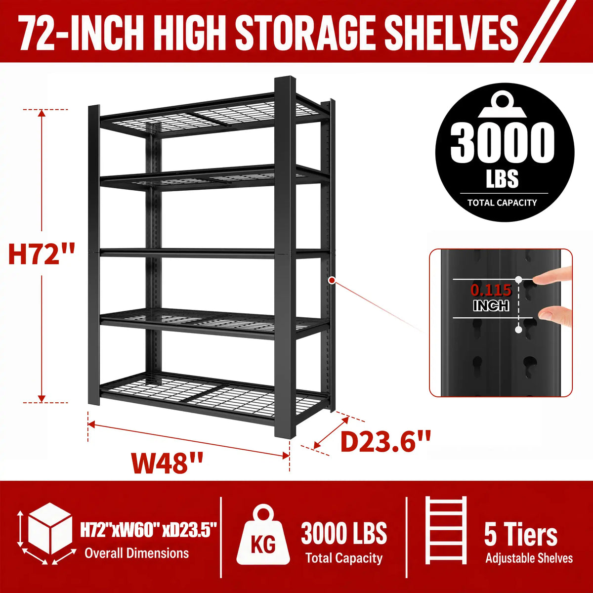 Infographic illustrating the dimensions, heavy-duty load capacity, and tier features of the metal wire shelving unit.