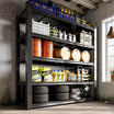 Heavy-duty 5-tier metal storage shelves fully loaded with car tires, tools, and boxes in a garage. #large