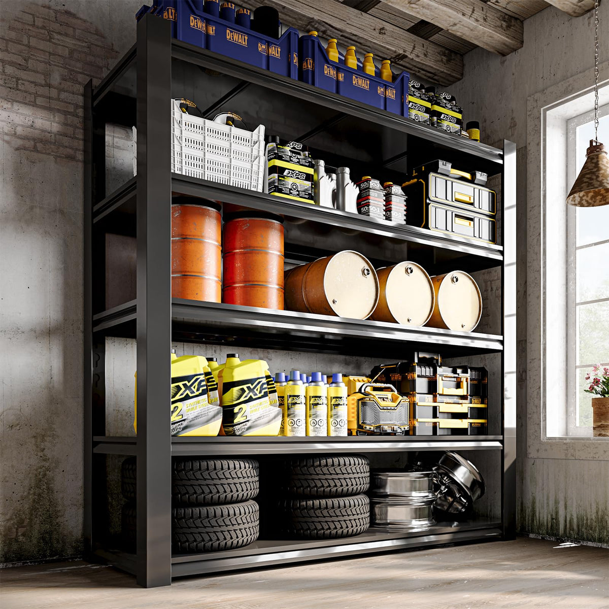 Heavy-duty 5-tier metal storage shelves fully loaded with car tires, tools, and boxes in a garage. #large