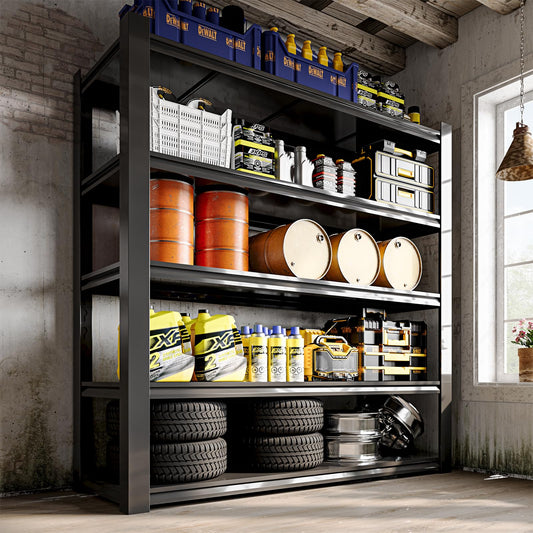 Heavy-duty 5-tier metal storage shelves fully loaded with car tires, tools, and boxes in a garage. #large