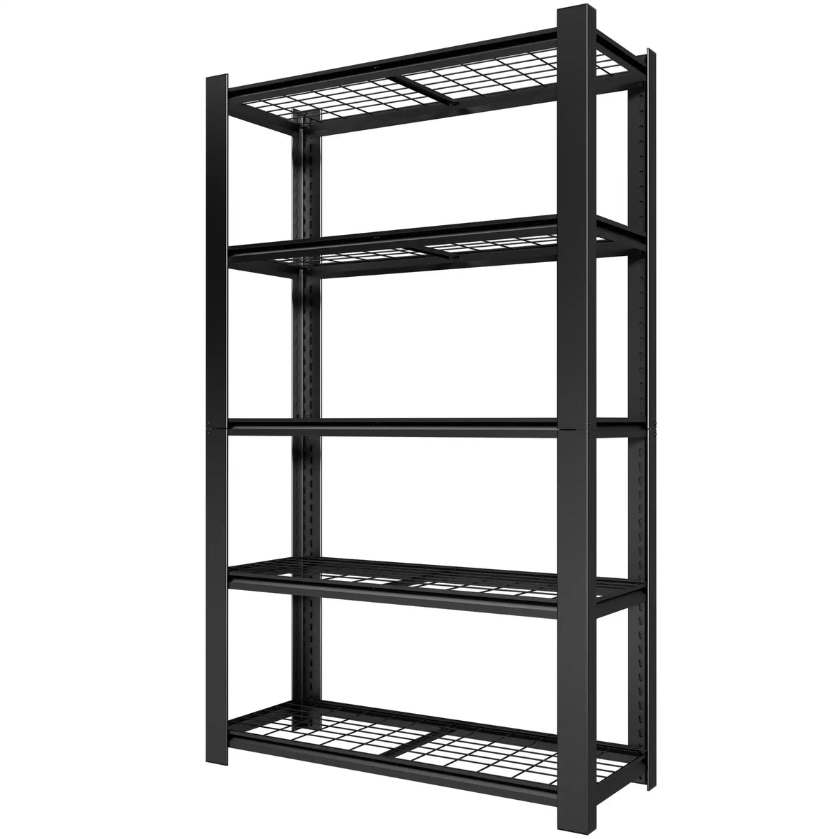 A black 5-tier heavy duty metal wire shelving unit with a 3000 lbs capacity for garage storage.