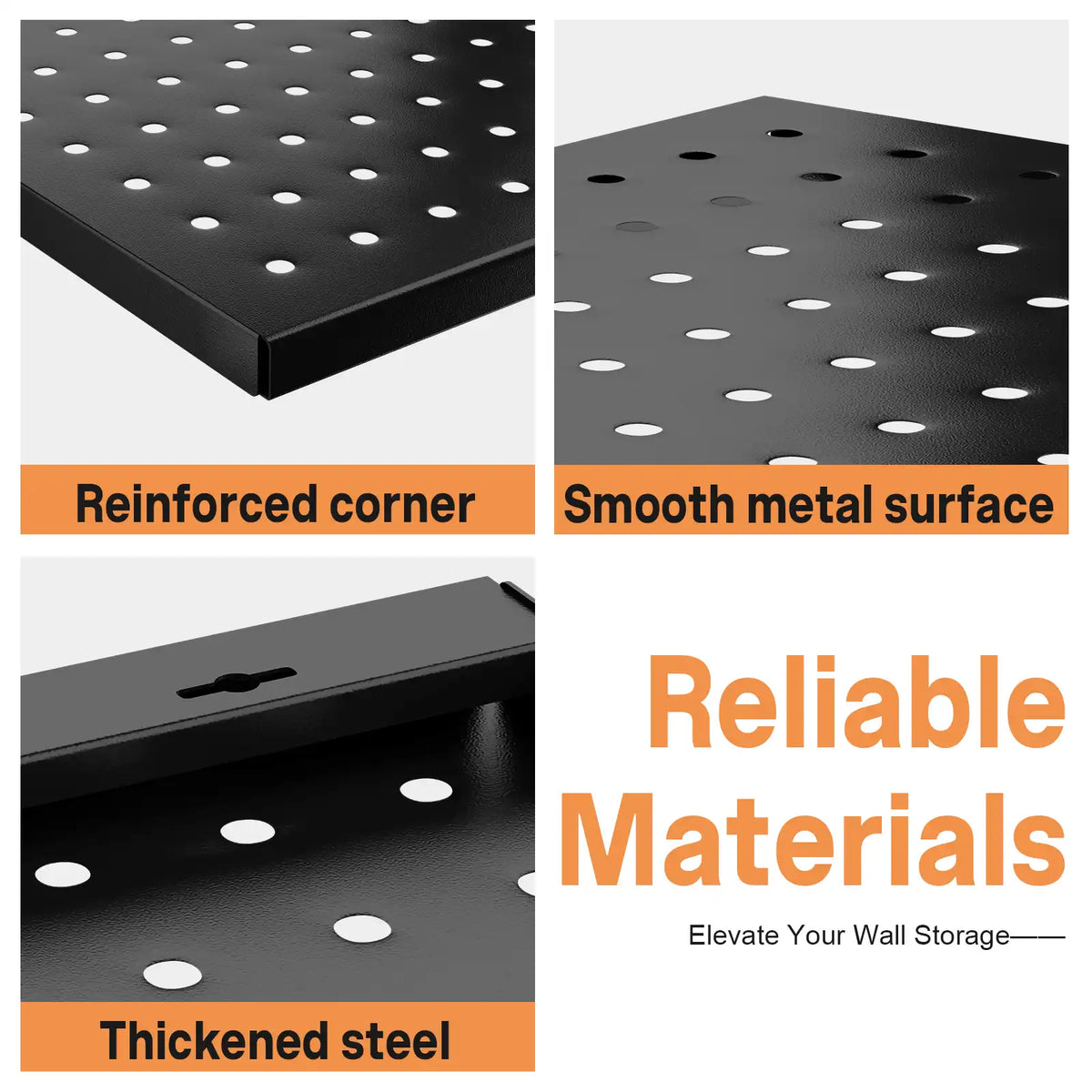 Product detail graphic illustrating reinforced corners smooth surface and thickened steel pegboard construction.
