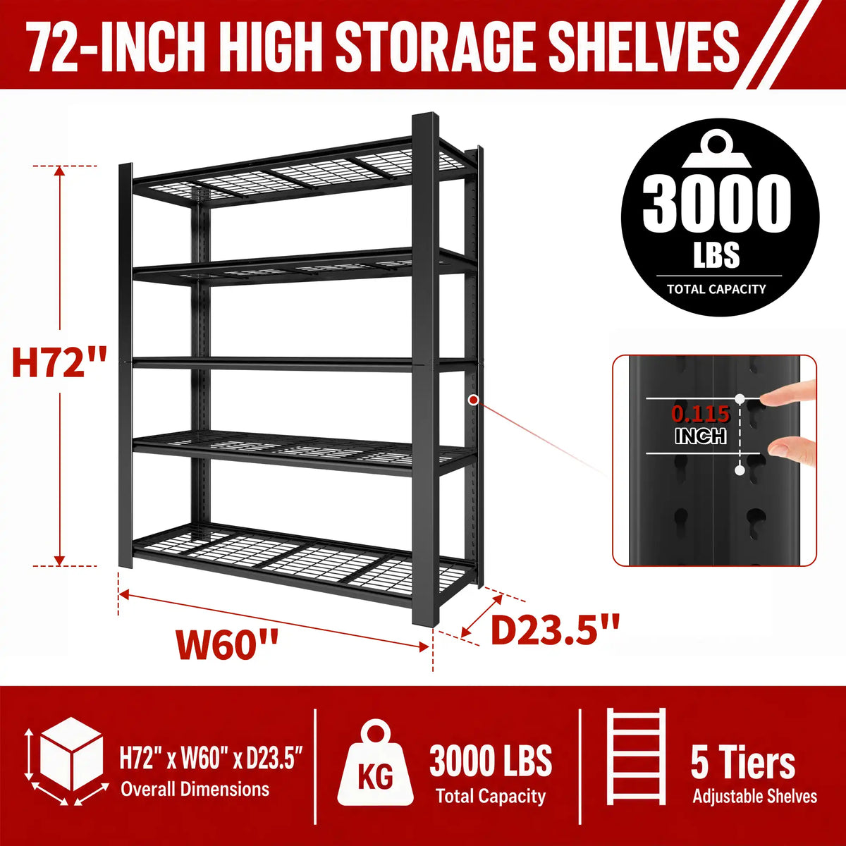 Durable black heavy duty 5-tier metal wire shelving unit with 3000 lbs total storage capacity.