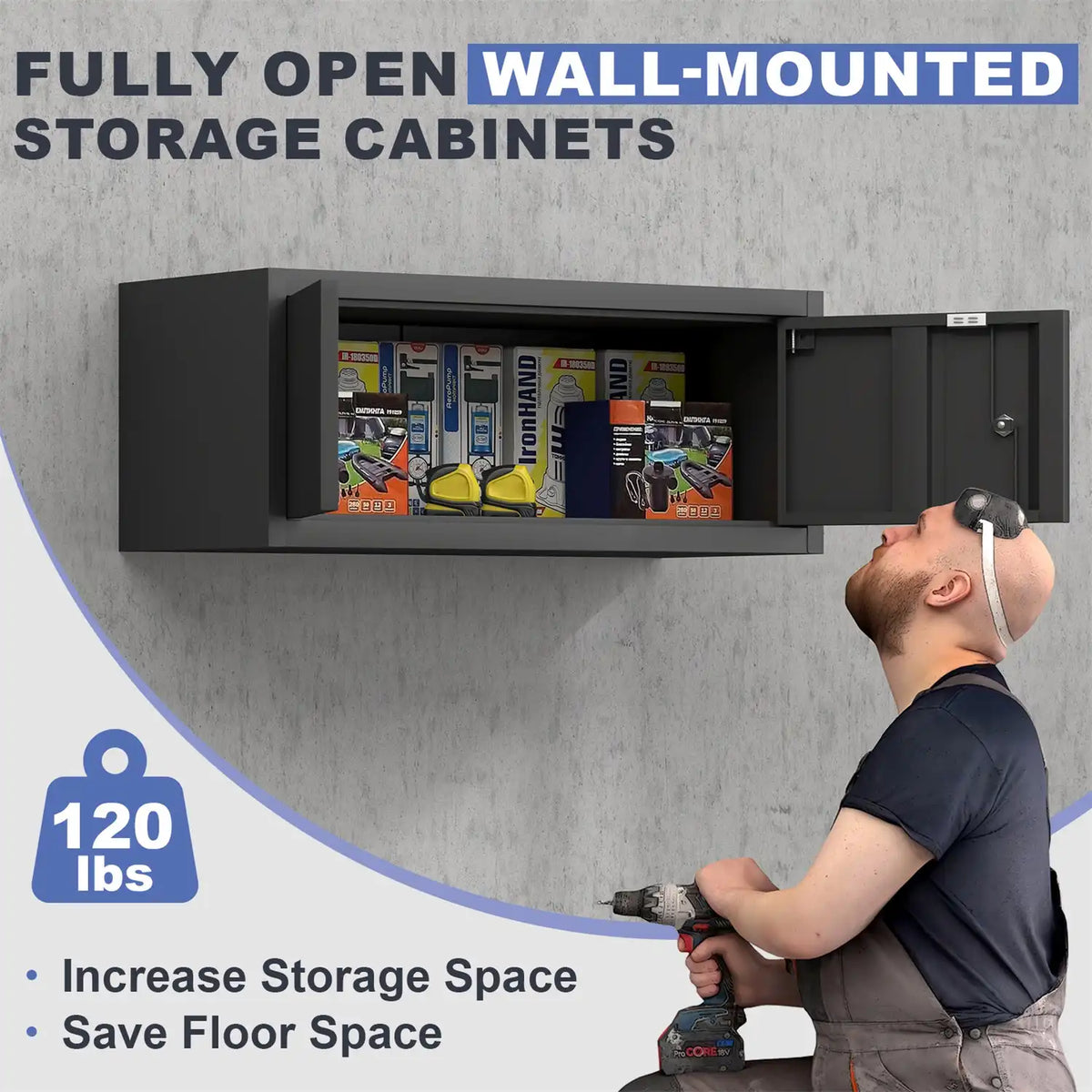 heavy-duty wall mounted steel cabinet demonstrating 120 lbs weight capacity for workshop tools and supplies #black