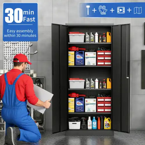 Easy 30-minute fast assembly process for metal tall garage storage cabinet with open doors showing organized shelves. #black