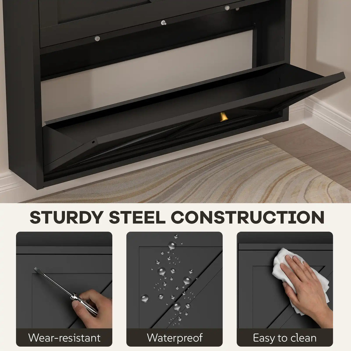 highlighting the black metal shoe cabinet's Sturdy Steel Construction with close-up views showing wear-resistance waterproof and easy cleaning #black #standard