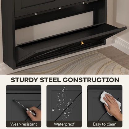highlighting the black metal shoe cabinet's Sturdy Steel Construction with close-up views showing wear-resistance waterproof and easy cleaning