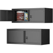 horizontal overhead metal wall cabinet with lock shown both open and closed for low-profile garage storage #black