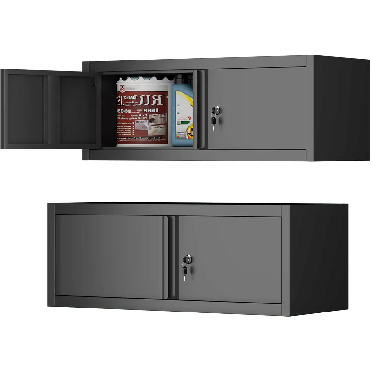 horizontal overhead metal wall cabinet with lock shown both open and closed for low-profile garage storage
