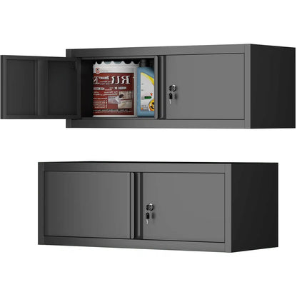 horizontal overhead metal wall cabinet with lock shown both open and closed for low-profile garage storage