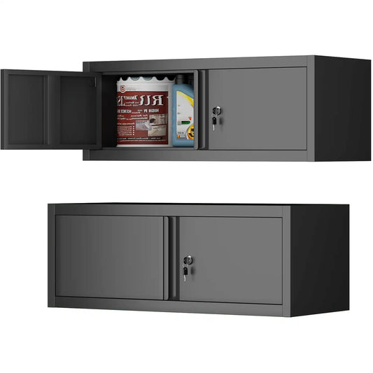 horizontal overhead metal wall cabinet with lock shown both open and closed for low-profile garage storage #black