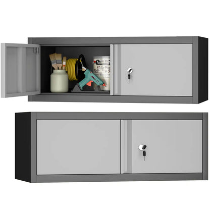 horizontal wall-mounted storage box with locked double doors for garages and workshops