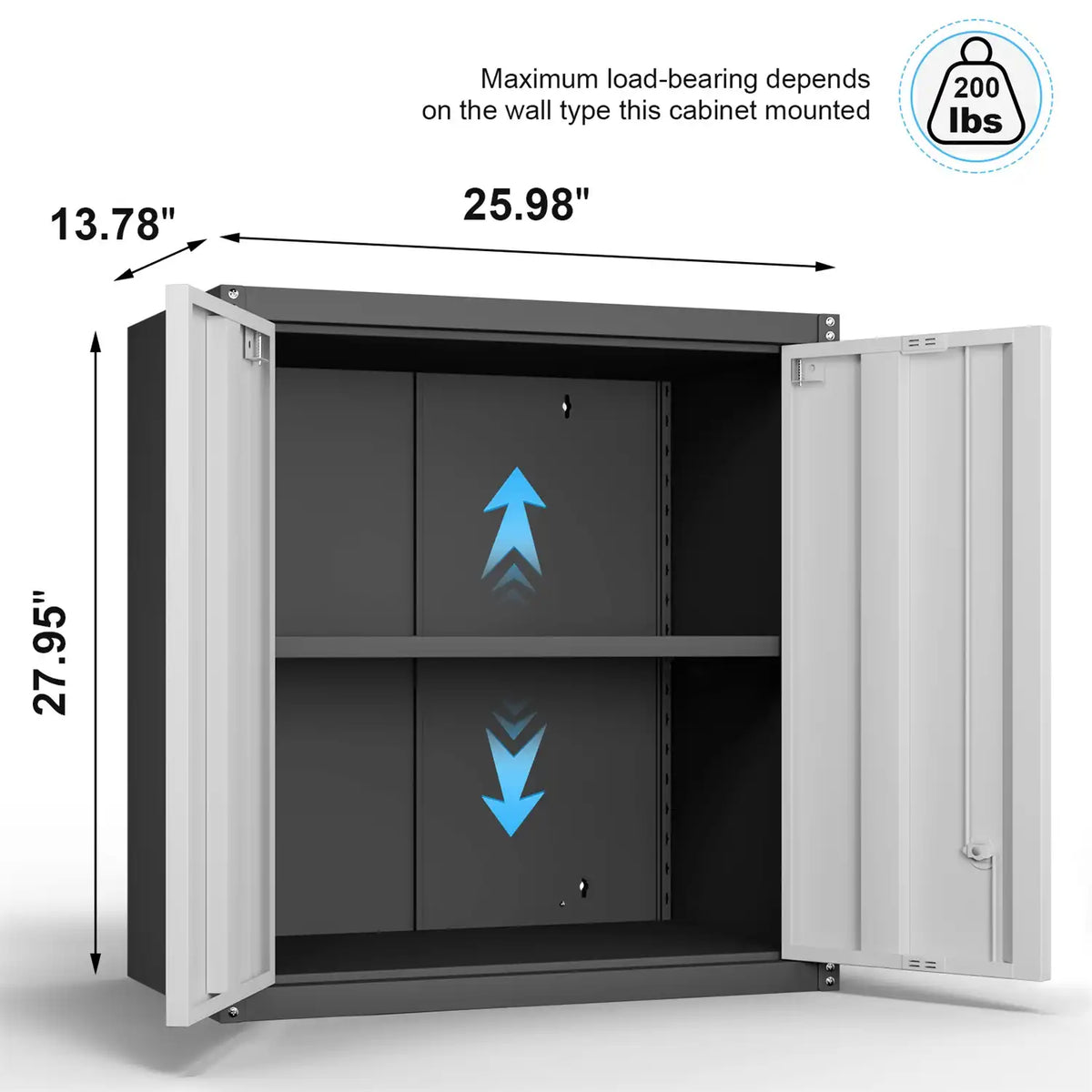 interior capacity and dimensions graphic for the metal tool cabinet showing storage volume #black+grey