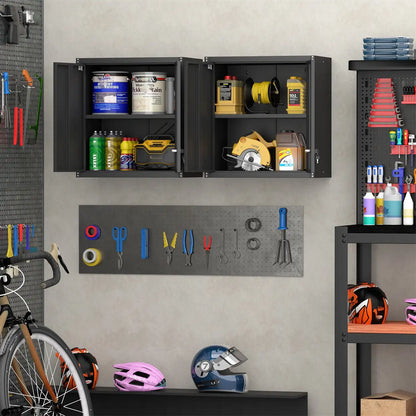 interior storage view of the wall mount garage tool cabinet with an adjustable metal shelf