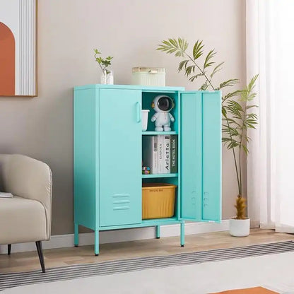 An open mint green metal storage cabinet in a living room holding decor, books, and storage bins on interior shelves.