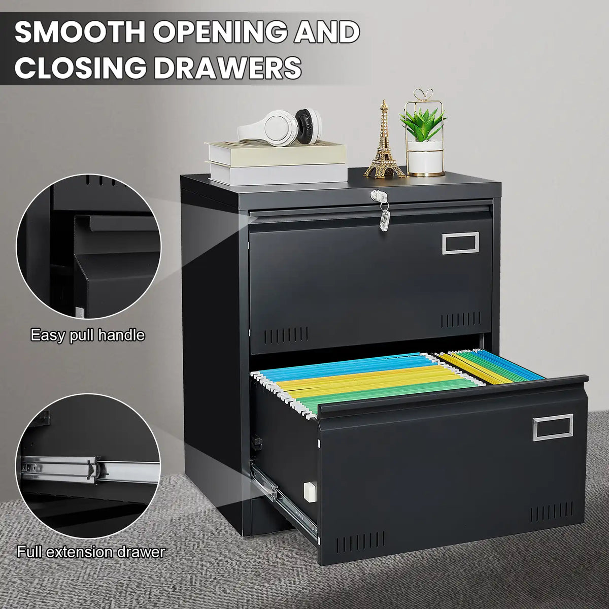 Black metal filing cabinet with an open drawer highlighting easy pull handles and full extension drawer slides. #black #2 drawers