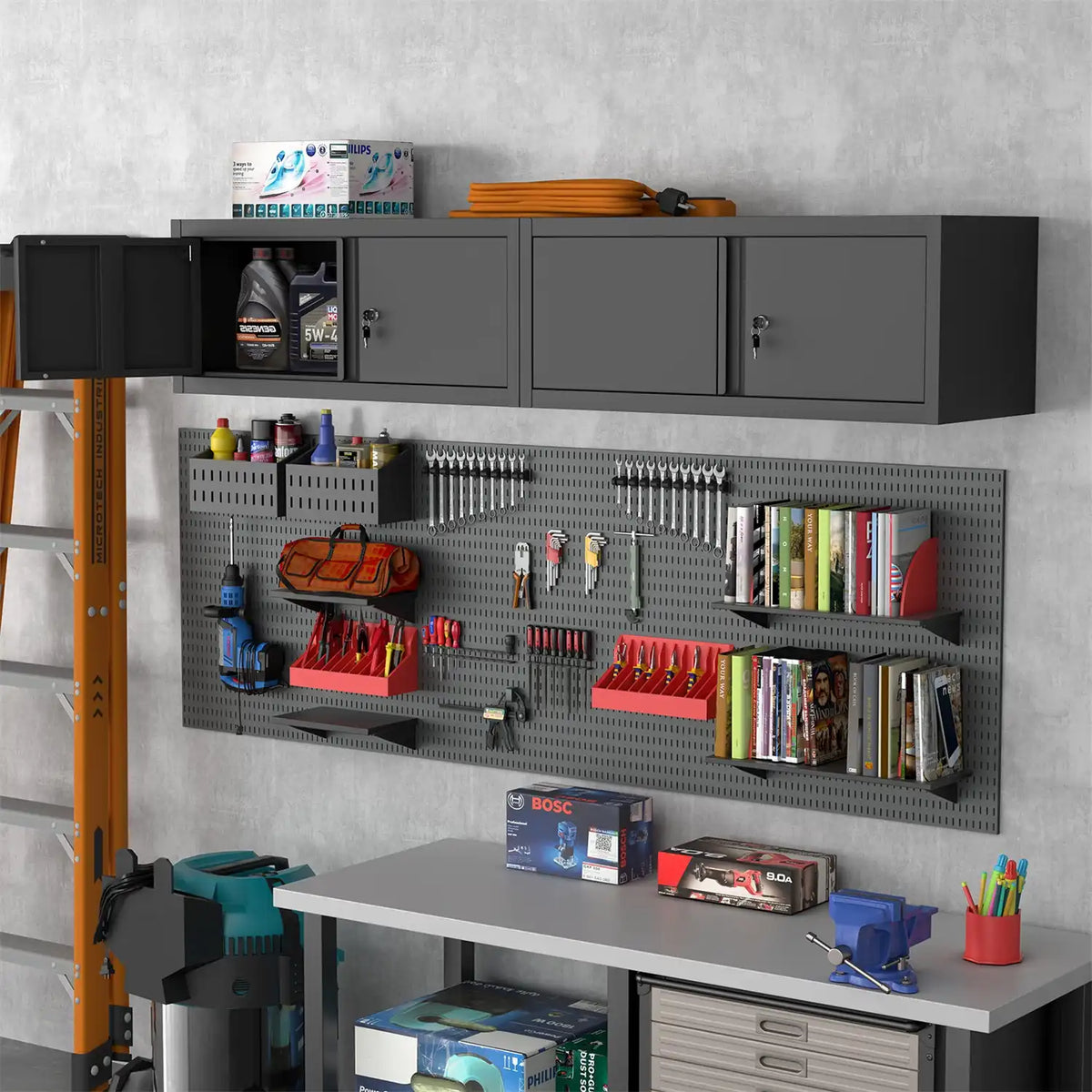 lockable short metal wall cupboard mounted in a multi-purpose utility space above a work surface