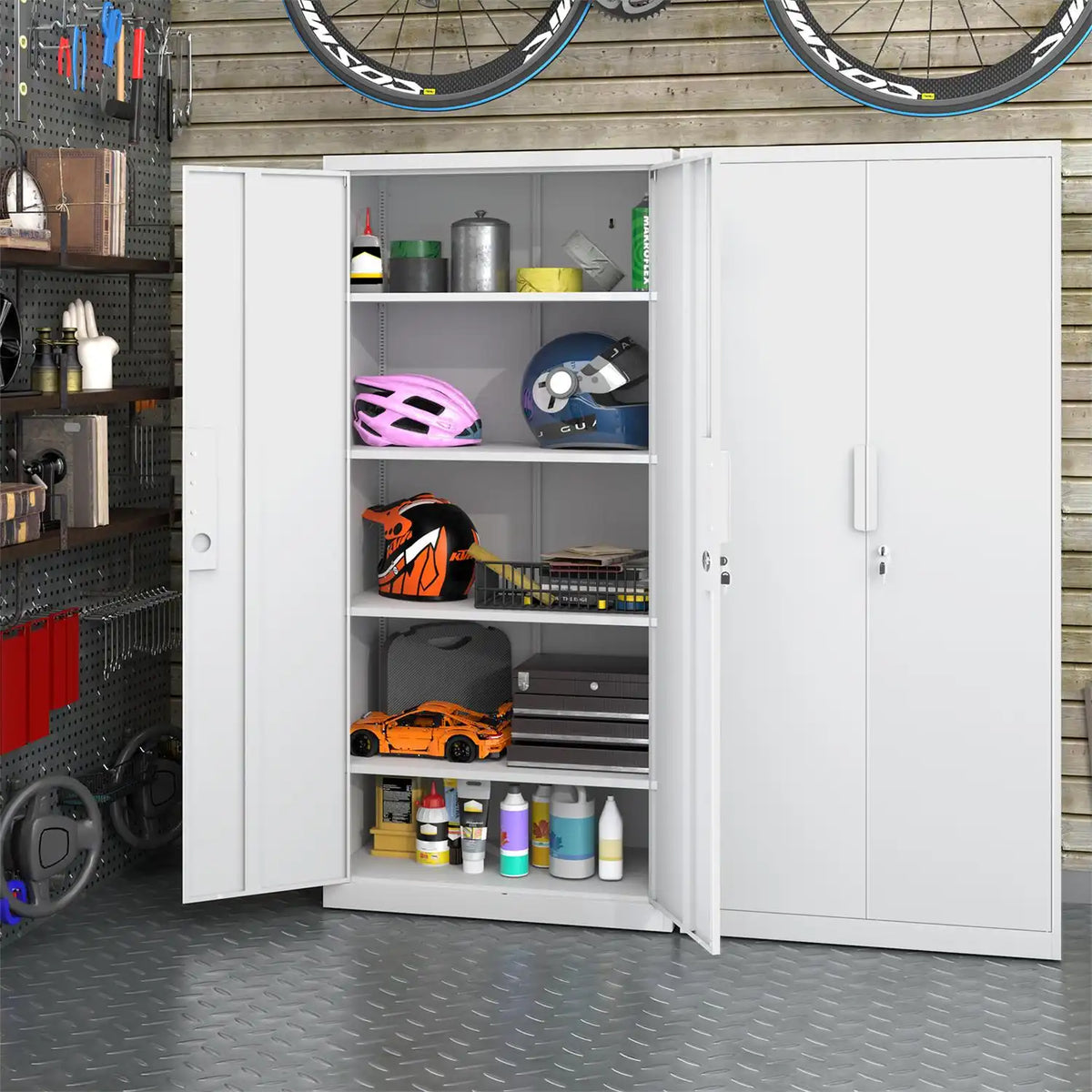lockable white metal garage cabinet with double doors wide open displaying multi-tier organized tools and sports gear in a workshop #white