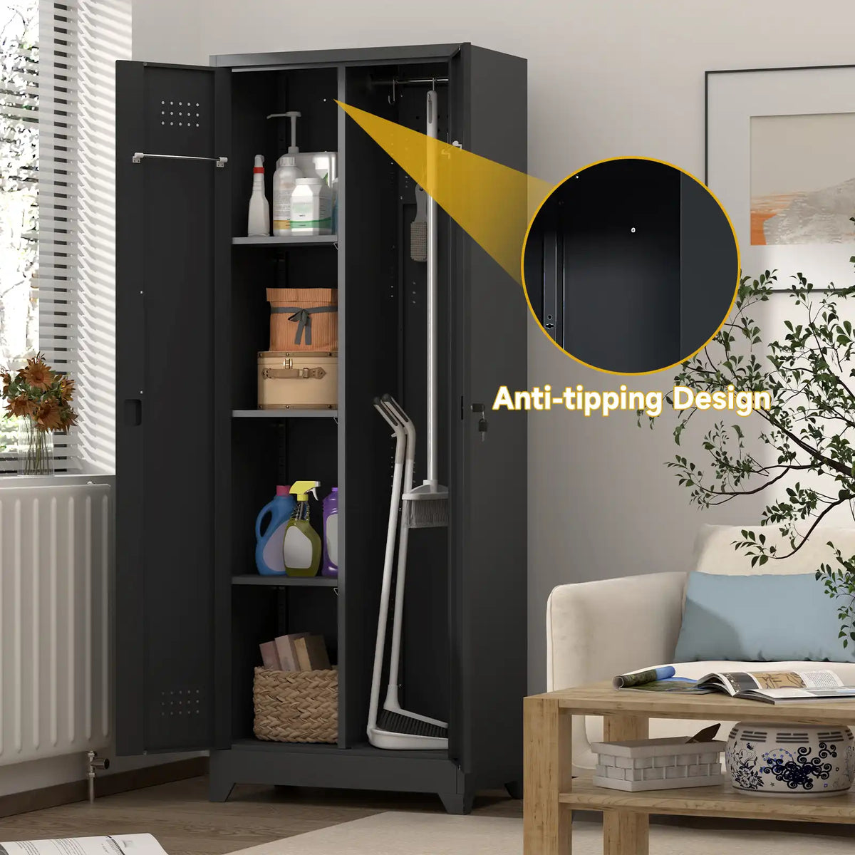 An open matte black housekeeping cabinet positioned in a modern living room, calling out its secure anti-tipping wall anchoring design.