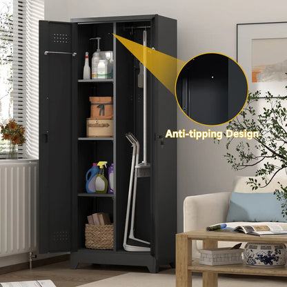 An open matte black housekeeping cabinet positioned in a modern living room, calling out its secure anti-tipping wall anchoring design.