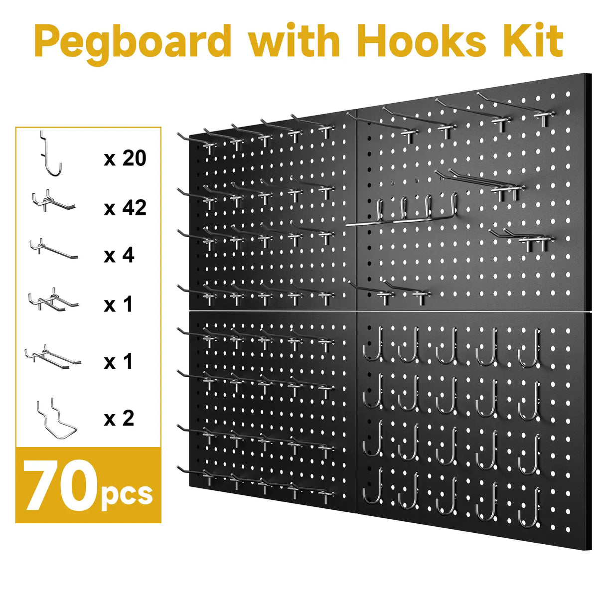 Seventy piece pegboard hooks kit layout showing various steel hanging accessories on black metal panels.