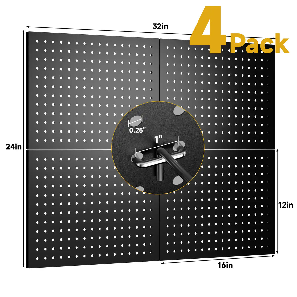 Dimension chart showing four black metal pegboard panels assembling into a tool storage wall grid. #Deluxe