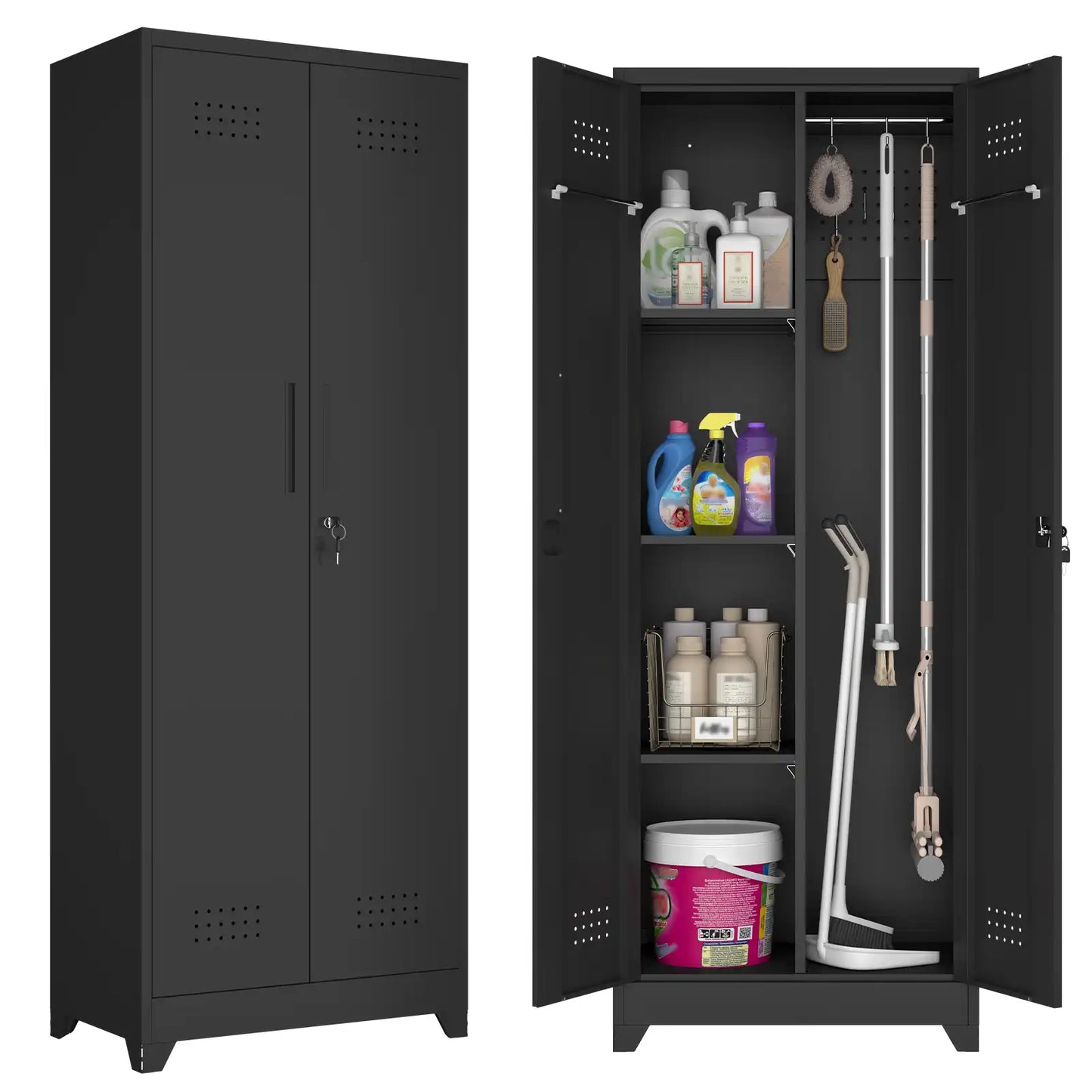 metal broom closet featuring closed double doors alongside an open tall utility cabinet #black #compact
